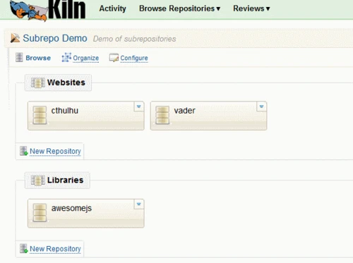 Kiln project with cthulhu and vader under Websites, and the shared awesomejs repository under Libraries.
