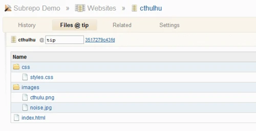 Cthulhu’s initial Kiln repository containing CSS, images, and index.html, before adding a subrepository.