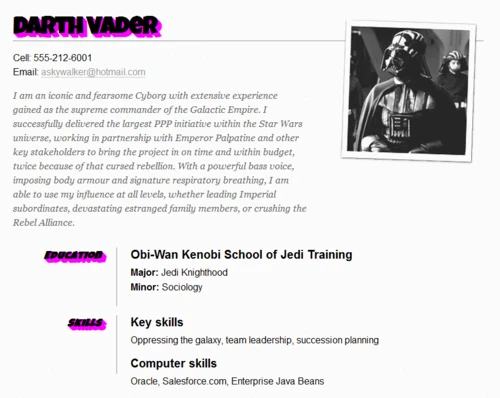 Darth Vader’s sample résumé after applying awesomejs, with magenta shadows behind the headings.