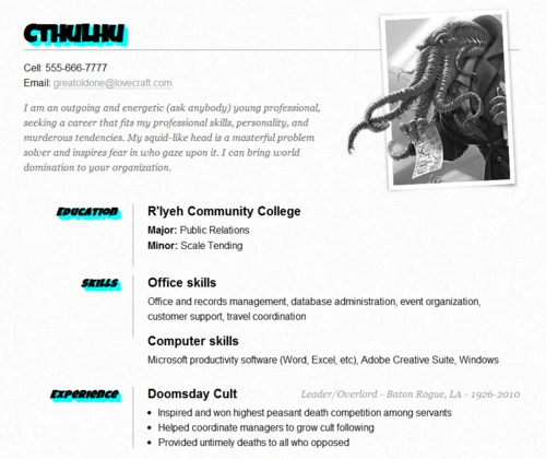 Cthulhu’s sample résumé using the updated awesomejs plugin with cyan shadows behind its headings.