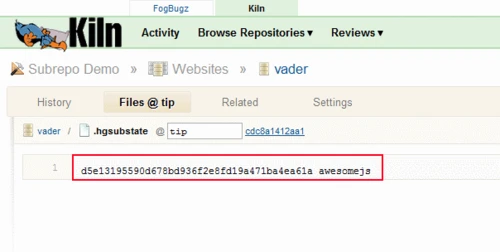 Vader’s .hgsubstate file recording the awesomejs subrepository’s pinned changeset hash.