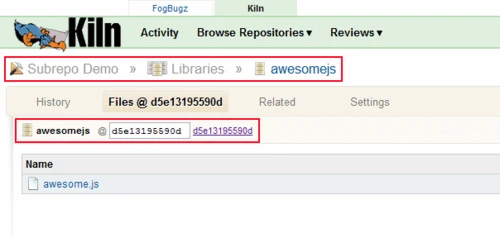 Kiln’s file browser following the awesomejs subrepository link to Libraries at the pinned revision d5e13195590d.