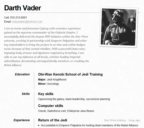 Darth Vader’s sample résumé before applying the awesomejs plugin, with plain black headings.