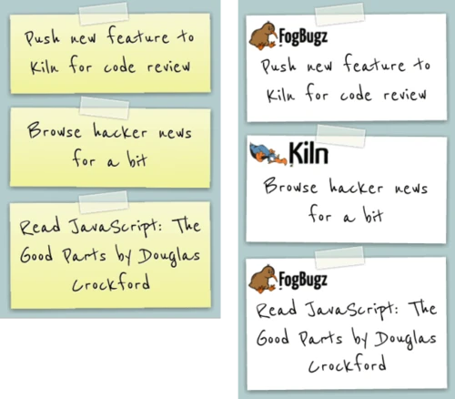 Two CSS sticky-note designs: yellow handwritten notes on the left and white FogBugz and Kiln branded notes on the right, both with tape and shadows.