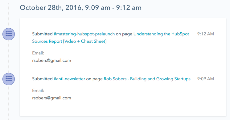 A contact timeline in HubSpot Marketing Free