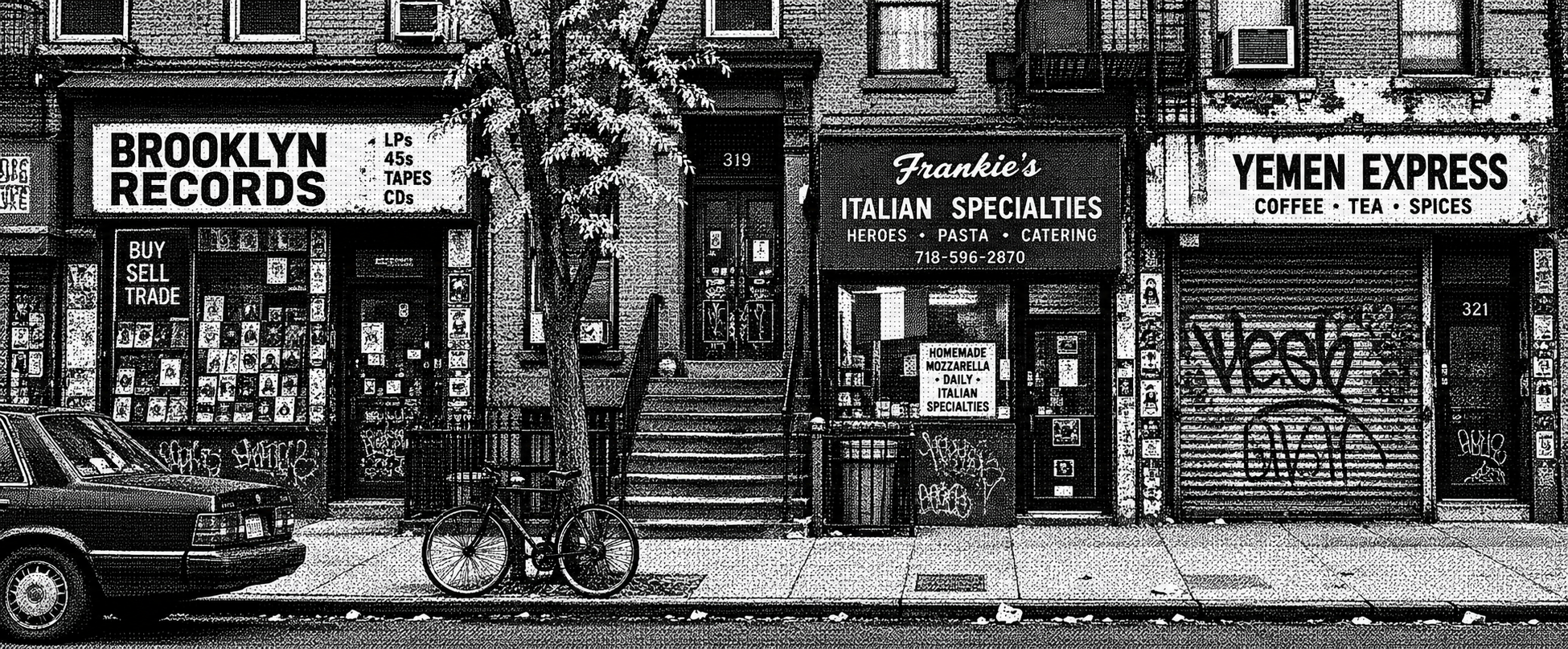 Black-and-white manga-style Brooklyn storefronts, with a record shop, deli, stoop, and bicycles.
